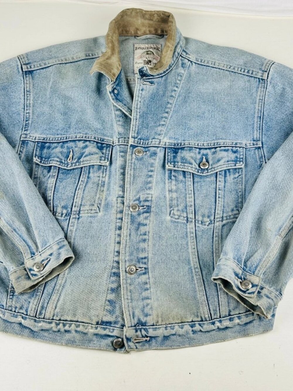 Vintage Banana Republic Denim Travel Safari Jacket M Leather Trim 80s 90s